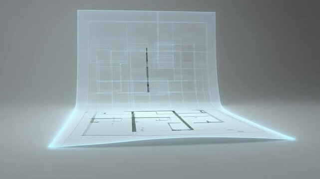 Radiant digital architectural blueprint unfurling, symbolizing the evolution of building design, advanced engineering concepts, and innovative project visualization