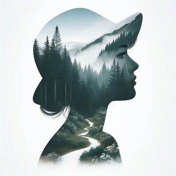 abstract Woman face silhouette. ink effect Forest background.Vector double exposure illustration.Woman face and beautiful nature landscape inside. fog in the forest., created wth generative ai