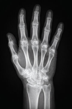 X-ray image of human hand showing finger and wrist bones with joint degeneration and osteoarthritis, detailed radiography scan of hand skeleton for arthritis diagnosis and medical education