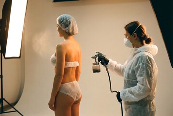 Woman getting a spray tan from a professional woman in a protective suit. Beauty procedure for skin tanning with airbrush.