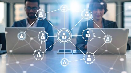 Two professionals collaborate on laptops, surrounded by a digital network of connections symbolizing teamwork and communication in a modern workspace.