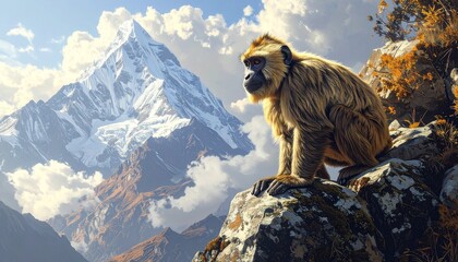 Snow Leopard Gazing at Himalayan Mountain Peak in Golden Sunlight