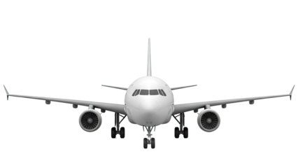 Front view of a white commercial airplane on a white background