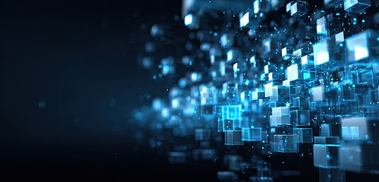 Glowing blue cubes and particles float in darkness, creating an abstract, dynamic, and modern digital art piece