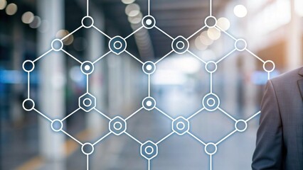 A person in a suit stands beside a digital network graphic, suggesting themes of technology and connectivity in a corporate environment.