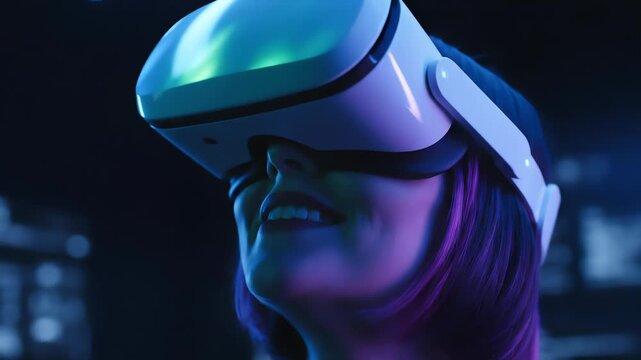 A close-up shot of a person wearing a white virtual reality headset, illuminated by blue and purple neon lights. The visor displays colorful reflections, hinting at the immersive digital world within.
