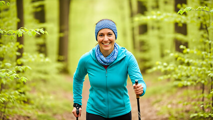 Smiling woman in blue athletic wear enjoys Nordic walking on a forest trail surrounded by vibrant green trees, promoting fitness and outdoor activity in a serene environment
