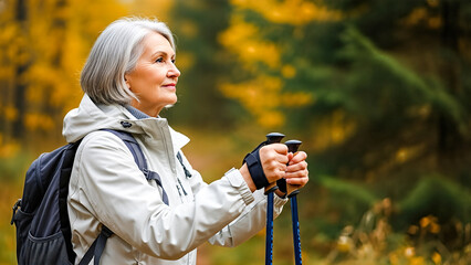 Senior woman with gray hair, dressed in a light jacket, enjoys Nordic walking in a vibrant autumn forest, surrounded by colorful foliage and natural beauty