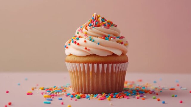 Delicious baked birthday cupcake with pink frosting, colorful sprinkles, and vanilla cream decoration for a sweet party celebration dessert