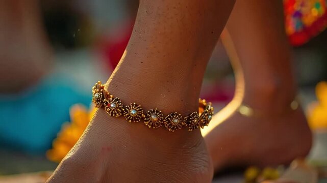 Traditional Indian Gold Anklet Adorning an Ankle with Bokeh Background