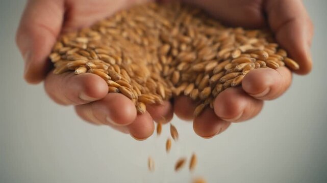 A closeup of a farmer holding a handful of organic wheat and rice grains, showcasing a harvest of natural cereal seeds and agricultural crops isolated on white