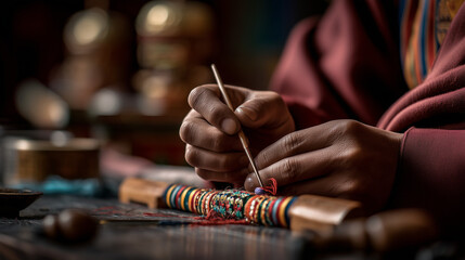 The skilled artisan's hands weave a vibrant textile on a traditional loom during Punakha Tshechu in Punakha Dzong, Bhutan