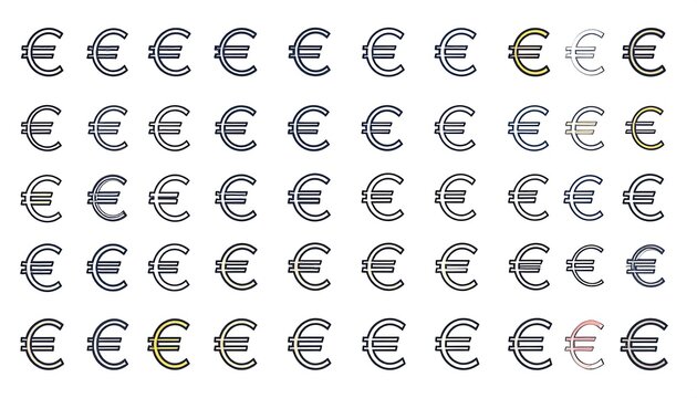 Several rows of stylized currency symbols, each with a distinctive outline and varying color palette. The symbols appear on a stark white background - Powered by Adobe
