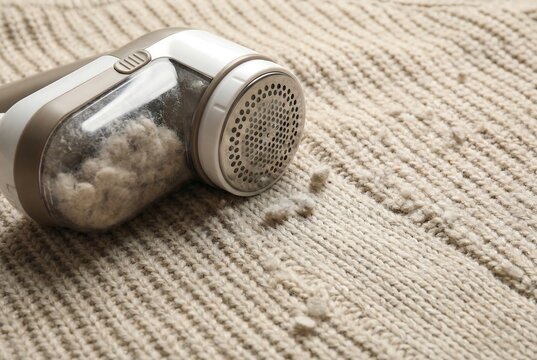 Fabric shaver removing lint from a beige knit sweater. Clothing care and maintenance concept for textile refurbishment and renewal.