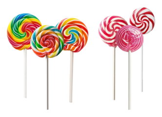 a dynamic group of assorted lollipops, featuring swirling patterns in red and white and vibrant rainbow colors, presented on sticks against a black canvas.