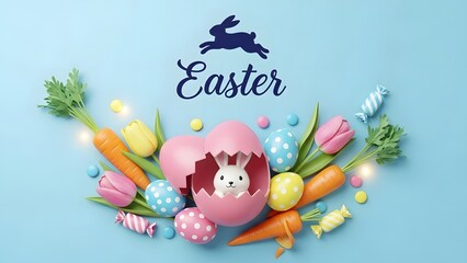 Naklejka premium Easter celebration with bunny and colorful eggs
