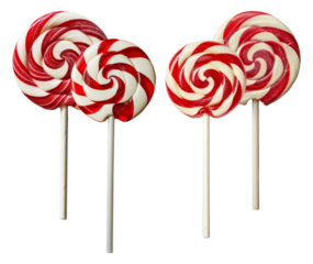 a close-up photographic arrangement of four red and white swirled lollipops, displayed on white paper sticks against a dark void, highlighting their intricate spiral patterns.