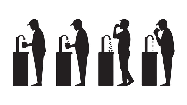 People drinking water from a fountain in a minimalist silhouette style with black and white contrast for public health information.