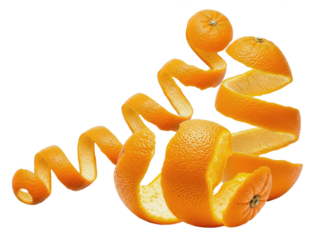 a whole orange with its zest spiraling outwards, presented against a dark background, symbolizing freshness and flavor.