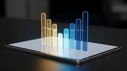 Digital bar chart projection on a tablet screen showcasing financial growth
