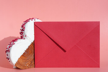 Empty sample paper note greeting card Delicious fresh croissant topped with colorful flavor Ganache. Creation unique heart shape bakery. Puff pastry holiday love gift present idea Valentine's day