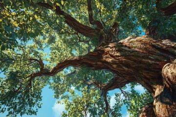 Fototapeta premium A large tree trunk and expansive branches reach up towards a sunlit, blue sky