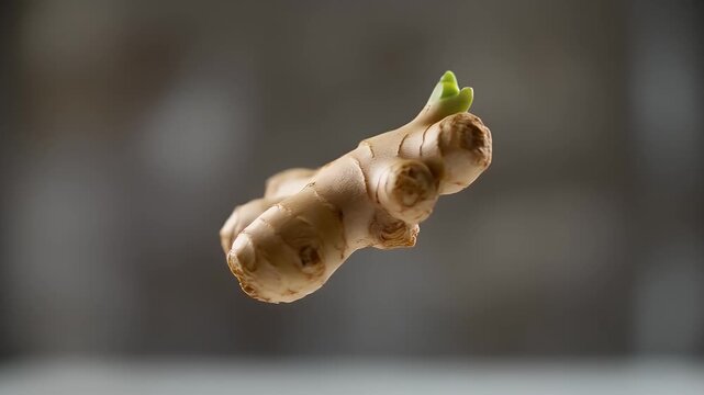Close-Up of Fresh Ginger Root Floating in the Air for Health and Nutrition