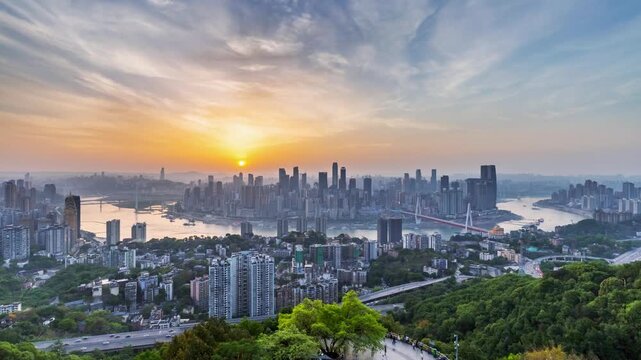Time-lapse of Chongqing at dusk to night, the illuminated skyline, riverside bridges, and mountainous urban landscape from Nanshan One Tree viewpoint, China.