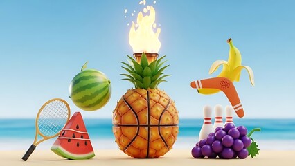 A playful arrangement of summer fruits and sports equipment on a sunlit sandy beach
