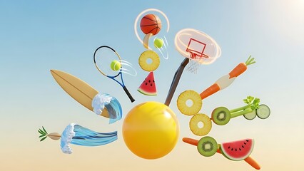 A dynamic collection of summer sports equipment and healthy food elements