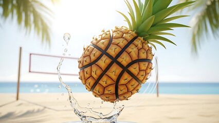 A creative pineapple basketball fusion bounces over a water splash on a tropical beach