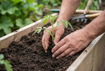 Man planting a young tomato seedling into rich soil in a raised garden bed. Hands gently placing new plant into garden during spring. Home gardening.