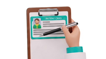 3D Render of Hand with Pen and Patient Card on Clipboard