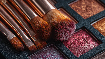 A close-up shot of a set of makeup brushes and eyeshadow palette, showcasing various tools for cosmetics