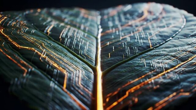 Futuristic leaf with glowing circuit patterns, symbolizing technology and nature integration.