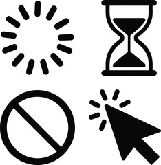 Set of Four Icons with Various Meanings , icon, burst, hourglass, prohibition, cursor, symbol, sign, 