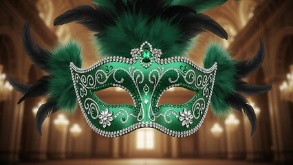 Elegant green masquerade mask adorned with intricate white jewels and dramatic black feathers