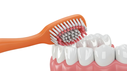 Close-up of an orange toothbrush cleaning white teeth
