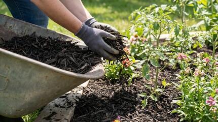 Fototapeta premium Adult hands in gardening gloves spreading mulch around plants from a wheelbarrow. Home garden improvement and plant care concept.
