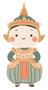 Cute cartoon illustration of a character in traditional thai costume isolated on transparent background.