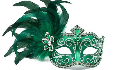 A luxurious green masquerade mask adorned with feathers and glitter against a white background