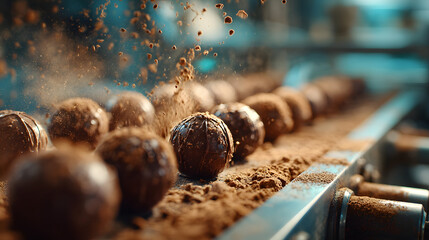 The working line at the chocolate factory, where chocolate sweets are automatically sprinkled with