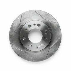 Car brake rotor disc with ventilation holes and slots.