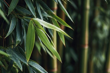 Naklejka premium Close-up of vibrant green bamboo leaves with blurred stalks in the background