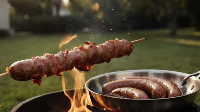 Delicious grilled sausages over open fire outdoor, summer barbeque concept