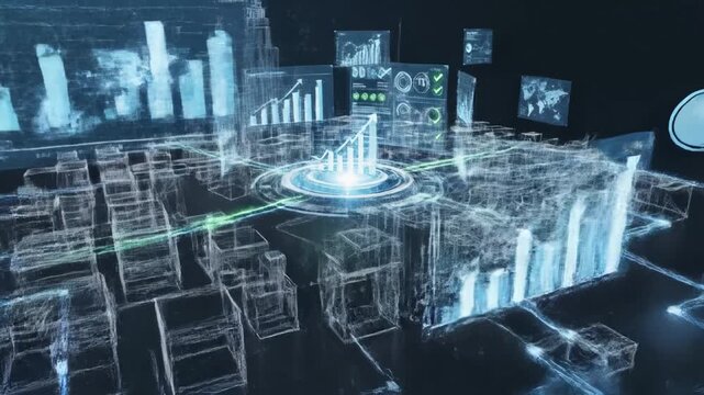 Futuristic holographic city skyline with glowing analytics dashboard and rising bar chart converging with wireframe cityscape data visualization, networked hub and glowing energy streams conveying