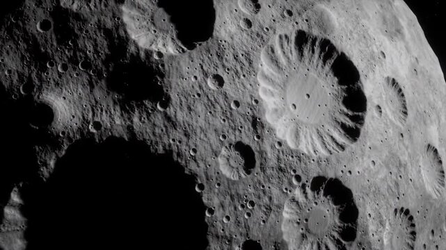 Detailed surface of a celestial body with numerous craters and rough terrain.