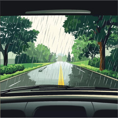 Rainy Day Drive Through Lush Green Trees