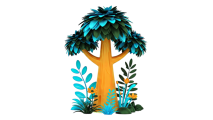 Stylized Orange Tree with Blue and Black Foliage and Flowers