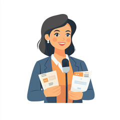 Professional Female Speaker with Microphone and Documents.